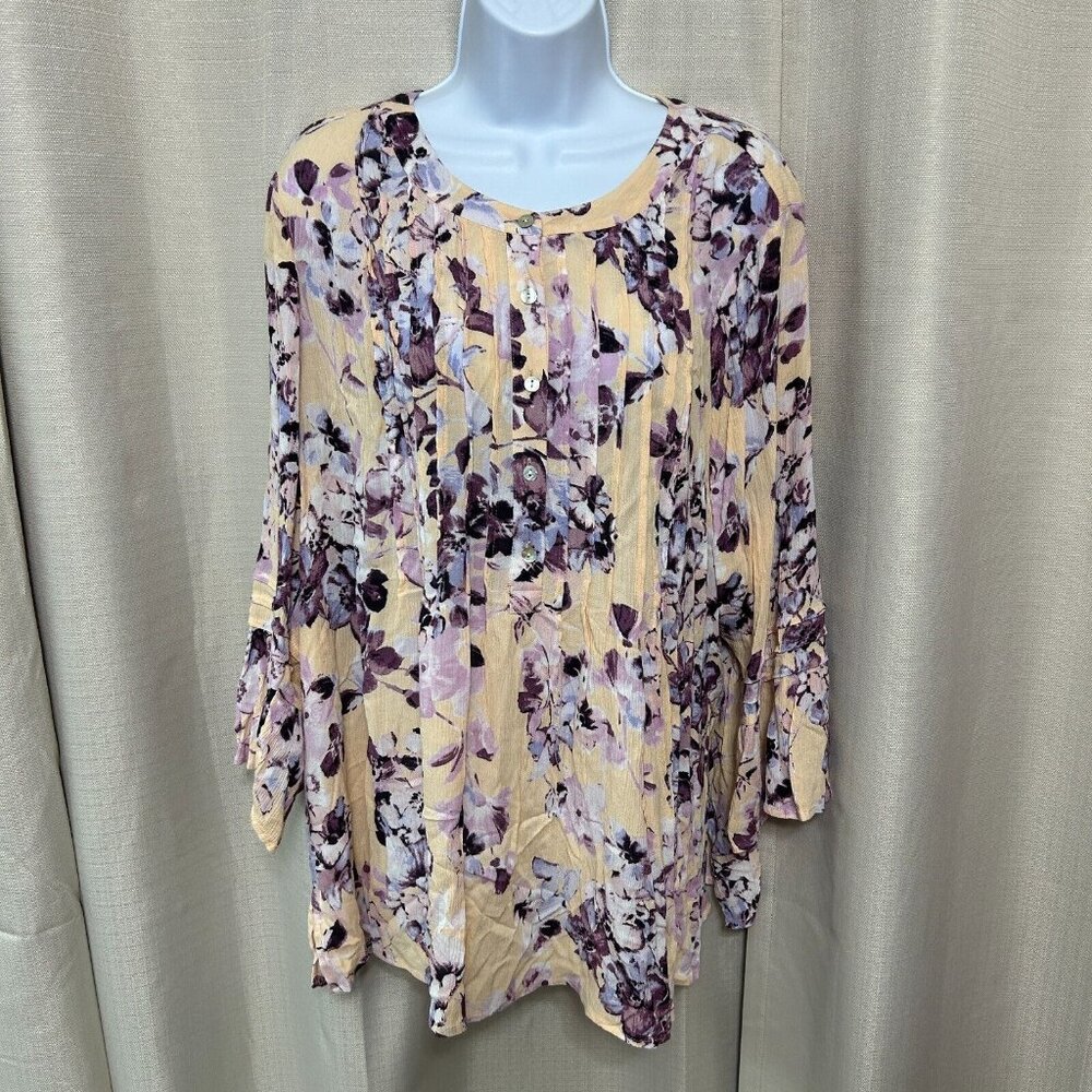 J. Jill 3/4 Bell Sleeve Pintuck Tunic Top Women's Size Large Floral Print